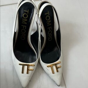 Tom Ford White Pointed-Toe Slingback Pumps with Gold TF Plaque